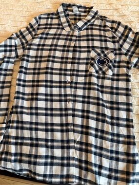 Navy & White Plaid Button-Up Shirt with PennState Patch